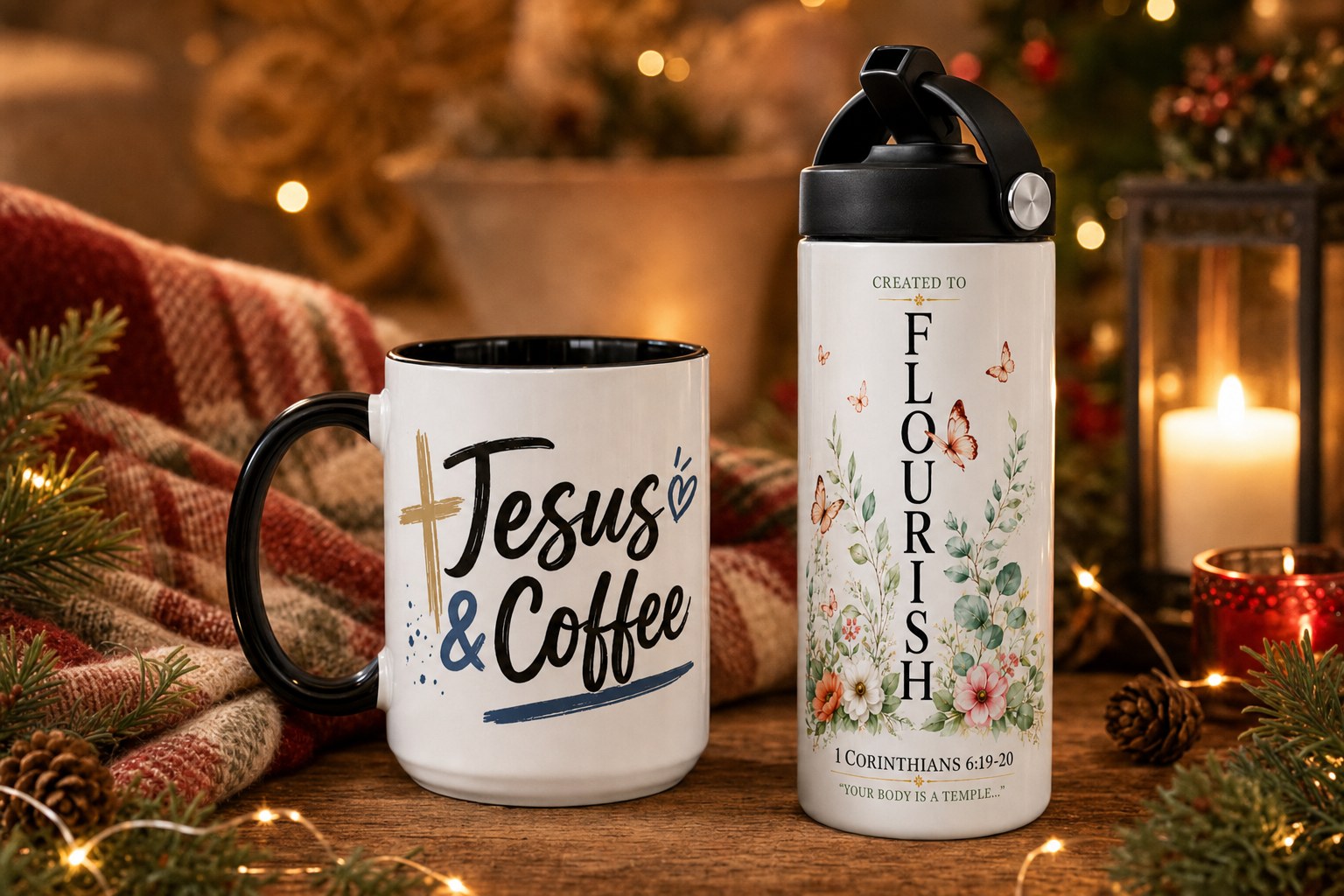 Jesus & Coffee mug and Created to Flourish tumbler styled with a plaid blanket and pine for Christmas